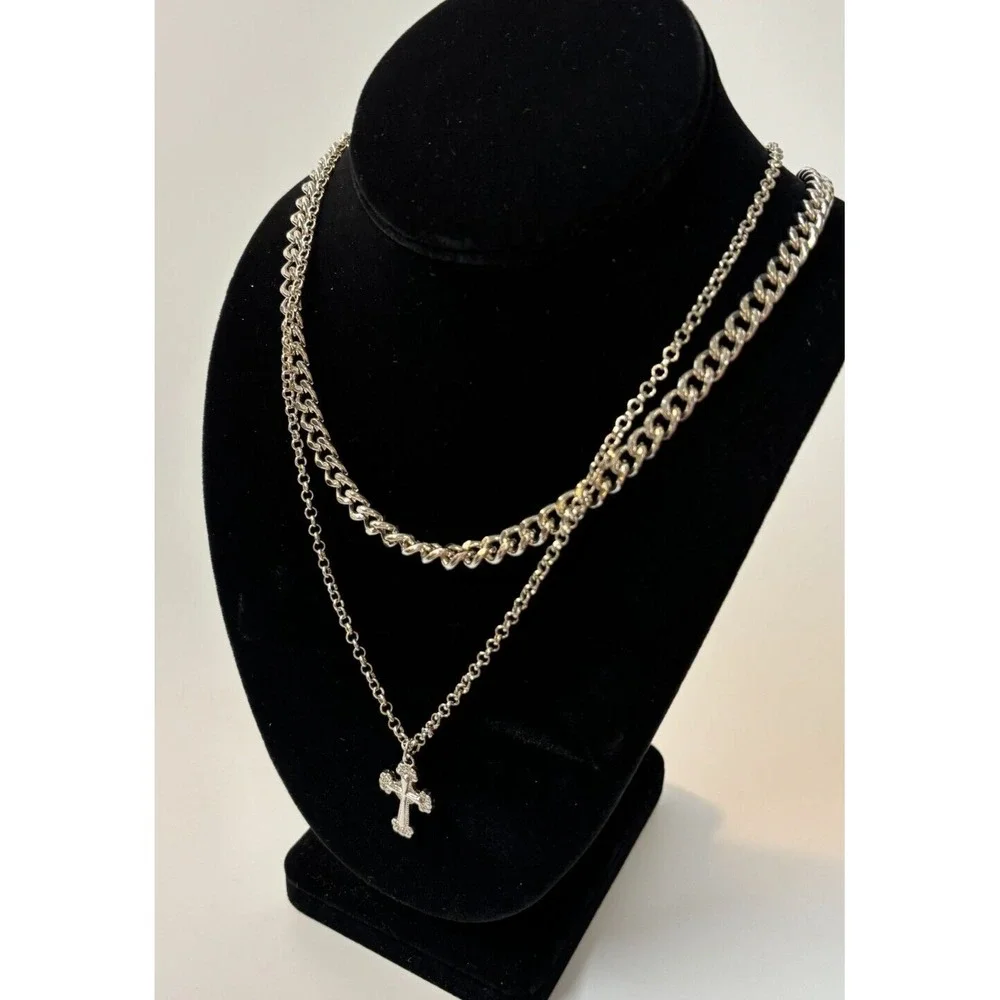 Multi Strand‎ Necklace Chunky 80s Vibes Cross Pendant
